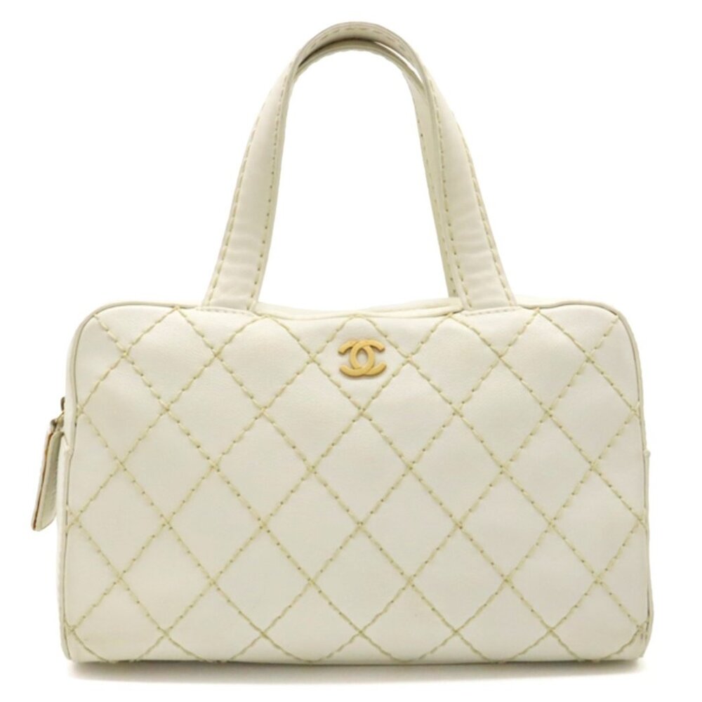 Authentic CHANEL CC Wild Stitch Vintage Quilted Bowler Hand Bag Tote Lambskin - Picture 1 of 11